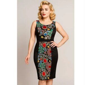 Tatyana Jewel Wiggle Dress Satin Sheath Pencil Sleeveless Black Multicolor Med